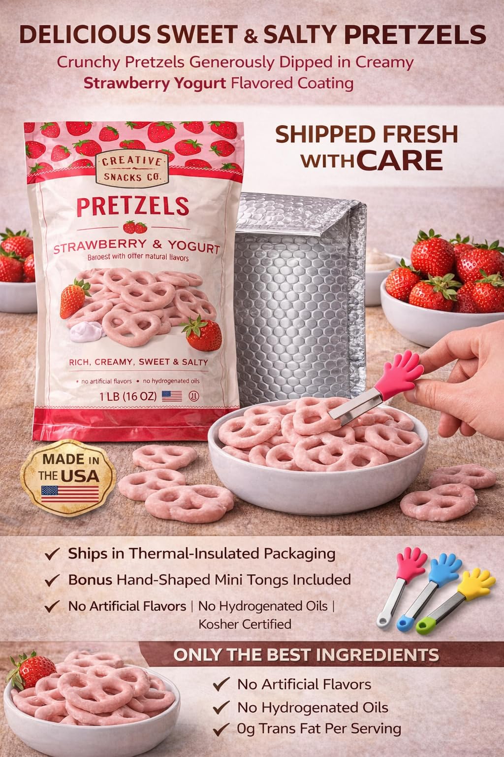 Creative Snacks Strawberry & Yogurt Pretzels 1 lb 8 oz. (680 g.)