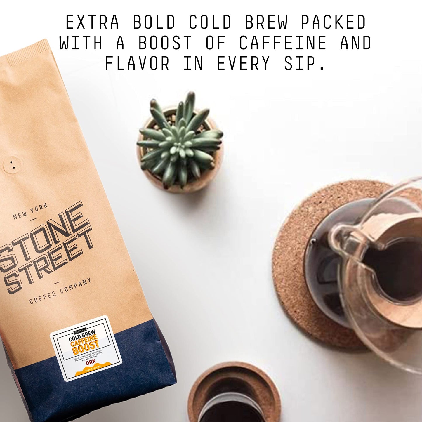 Stone Street Coffee Cold Brew Caffeine Boost, Whole Bean, 2 LB (32 oz), Dark Roast, High Caffeine Strong Blend