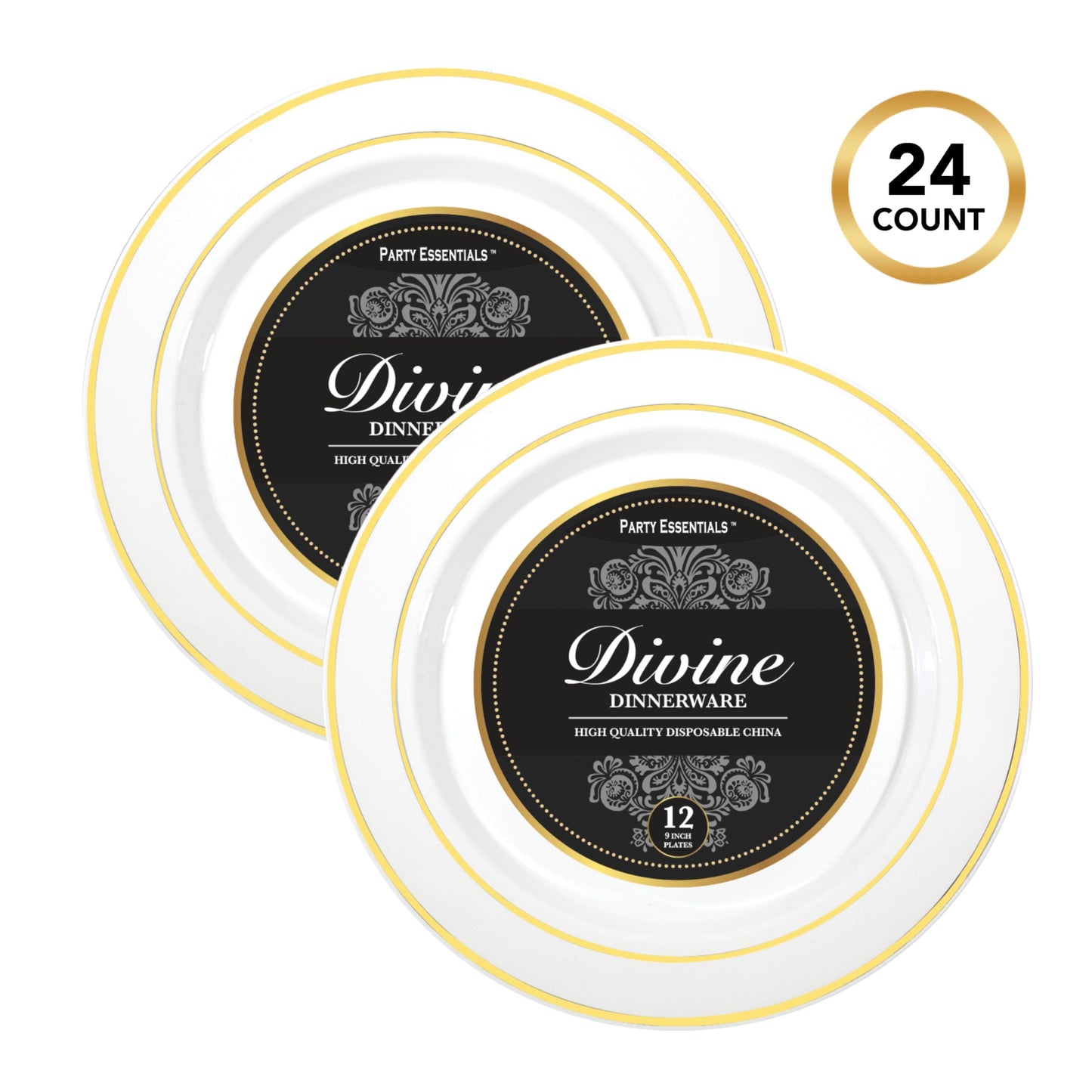 Party Essentials Divine Plastic Dinnerware Disposable Plates for Party, Real China Look, White Gold Rim, 9" 24-Count