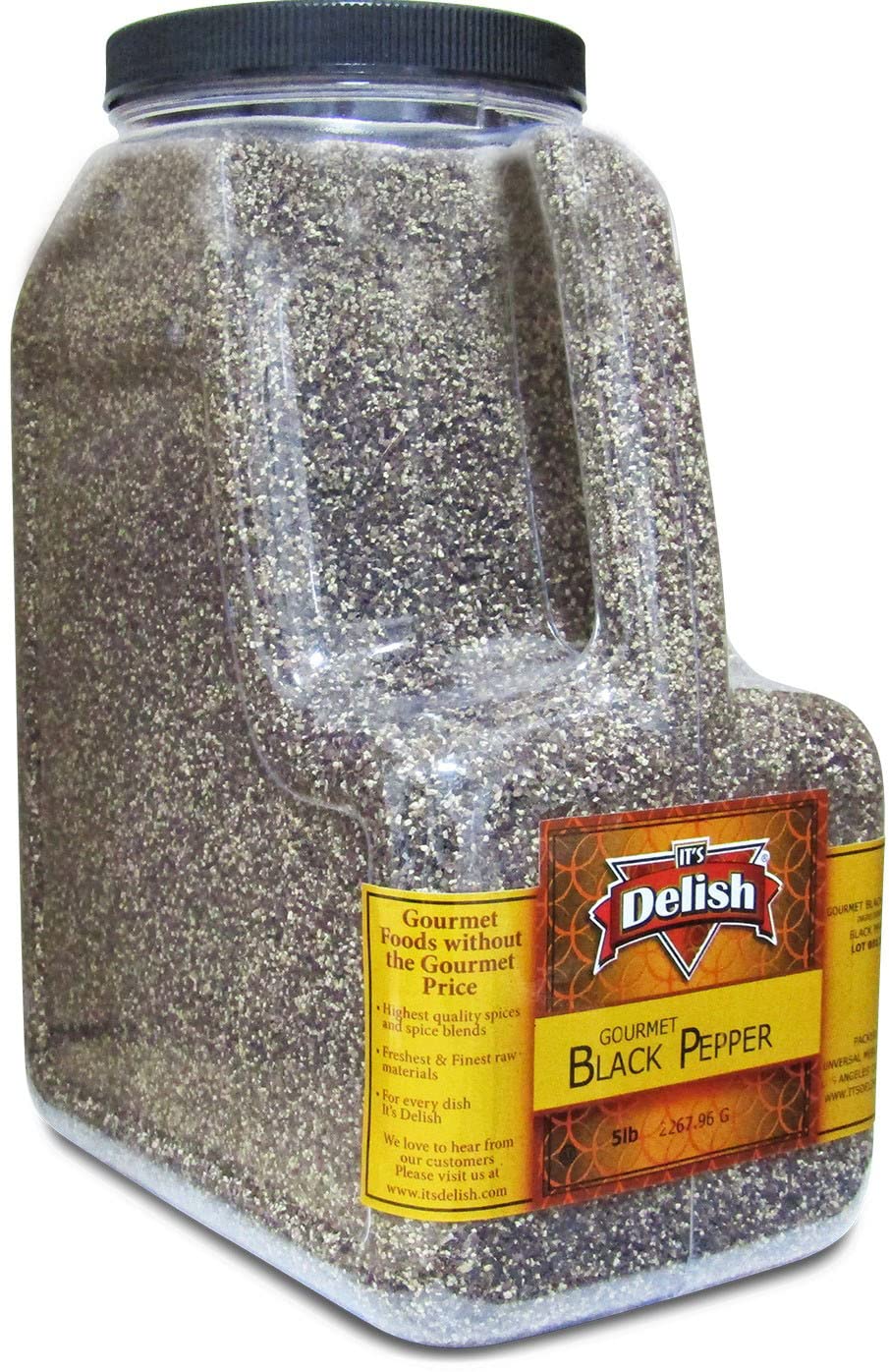 Gourmet Ground Black Pepper by It’s Delish, 5 LB Restaurant Gallon Size Container Jug with Handle | Premium Gourmet Table Grind Black Pepper Bulk