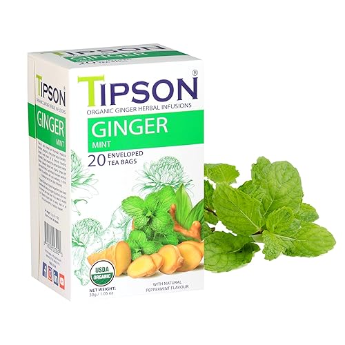 Tipson Organic Ginger Herbal Infusions - Ginger Mint Flavor - All Natural, USDA Organitc - 20 Premium Tea Bags (Pack of 1)