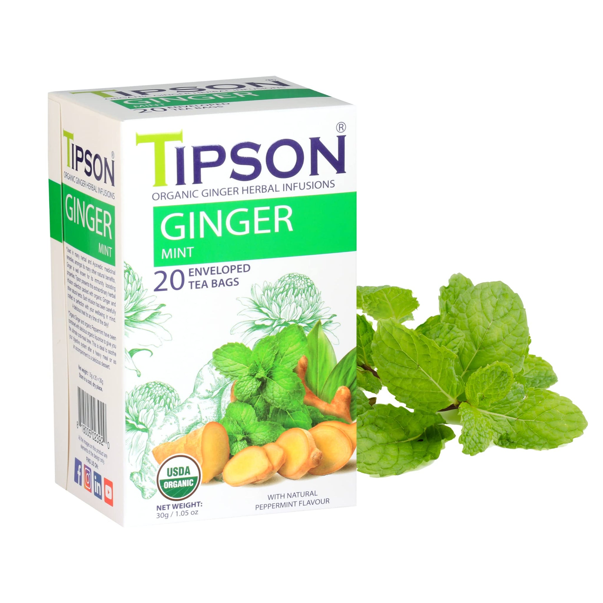 Tipson Organic Ginger Herbal Infusions - Ginger Mint Flavor - All Natural, USDA Organitc - 20 Premium Tea Bags (Pack of 1)