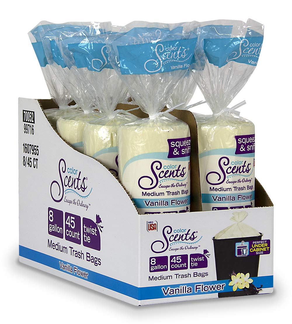 Color Scents Medium Trash Bags - 8 Gallon, 360 Total Bags (8 Packs of 45 Count), Twist Tie - Ivory bag in Vanilla Flower Scent