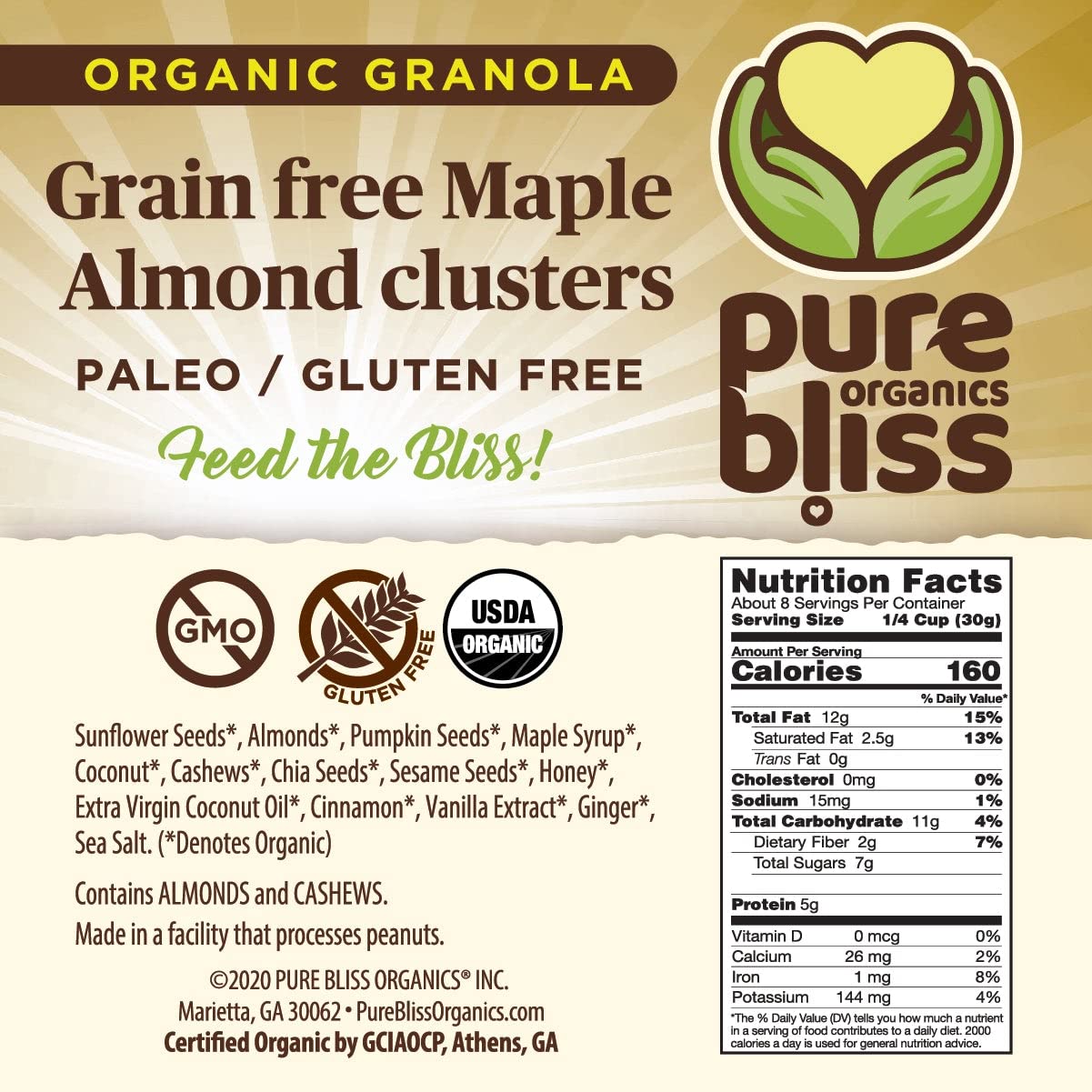 Pure Bliss Organic Grain Free Granola (Maple Almond Cluster) Paleo Friendly, Gluten Free, Vegan, Best-Tasting, Non-GMO, Low Carb Snack, All Real Super