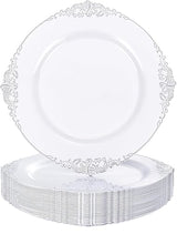 ZTDIXF 25 Pack 10.5 Inch Silver Rim Plastic Plates, Heavy Duty Disposable White Dessert & Salad Plates, Elegant Vintage Design Fancy Hard Tableware