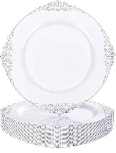 ZTDIXF 25 Pack 10.5 Inch Silver Rim Plastic Plates, Heavy Duty Disposable White Dessert & Salad Plates, Elegant Vintage Design Fancy Hard Tableware