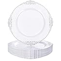 ZTDIXF 25 Pack 10.5 Inch Silver Rim Plastic Plates, Heavy Duty Disposable White Dessert & Salad Plates, Elegant Vintage Design Fancy Hard Tableware
