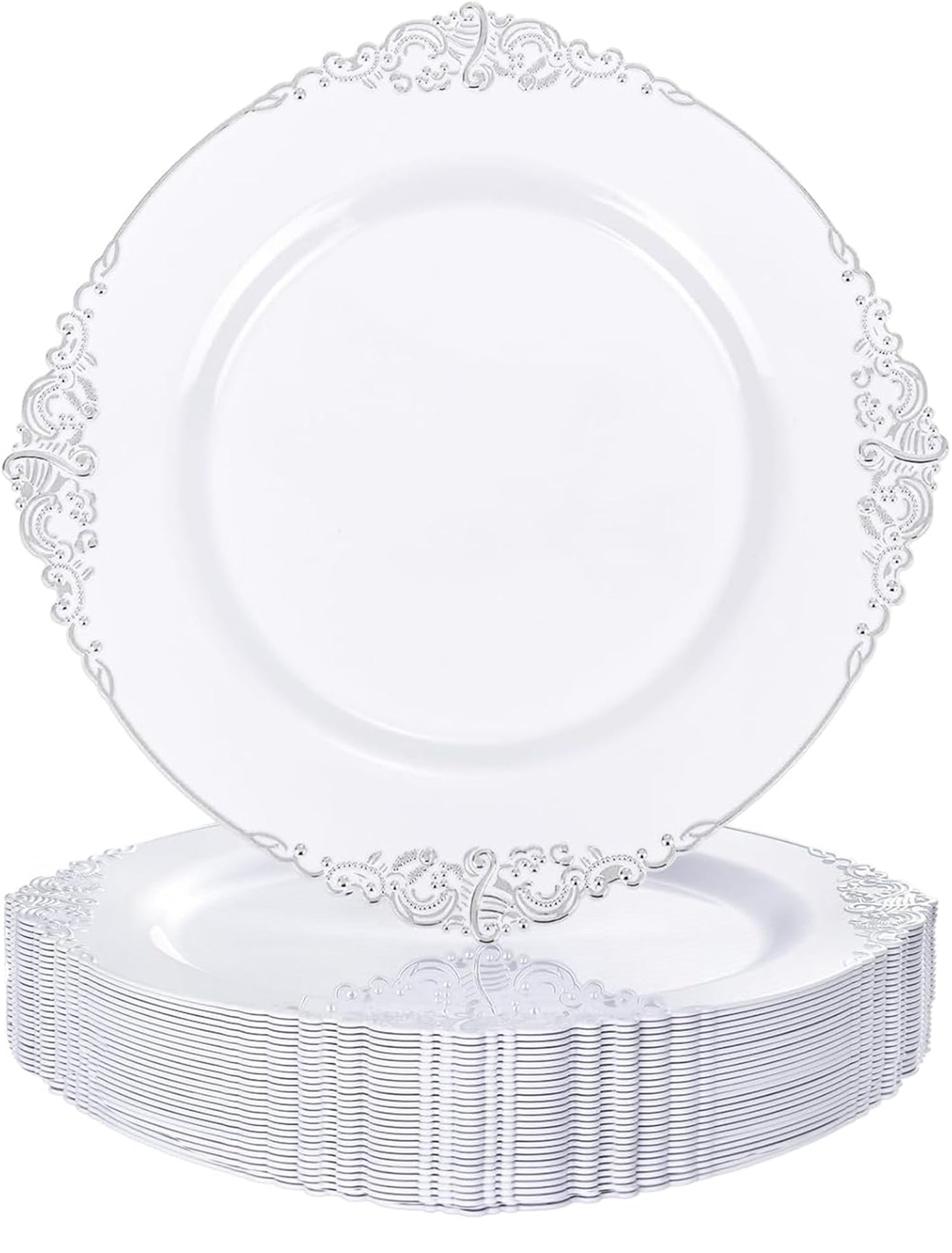ZTDIXF 25 Pack 10.5 Inch Silver Rim Plastic Plates, Heavy Duty Disposable White Dessert & Salad Plates, Elegant Vintage Design Fancy Hard Tableware