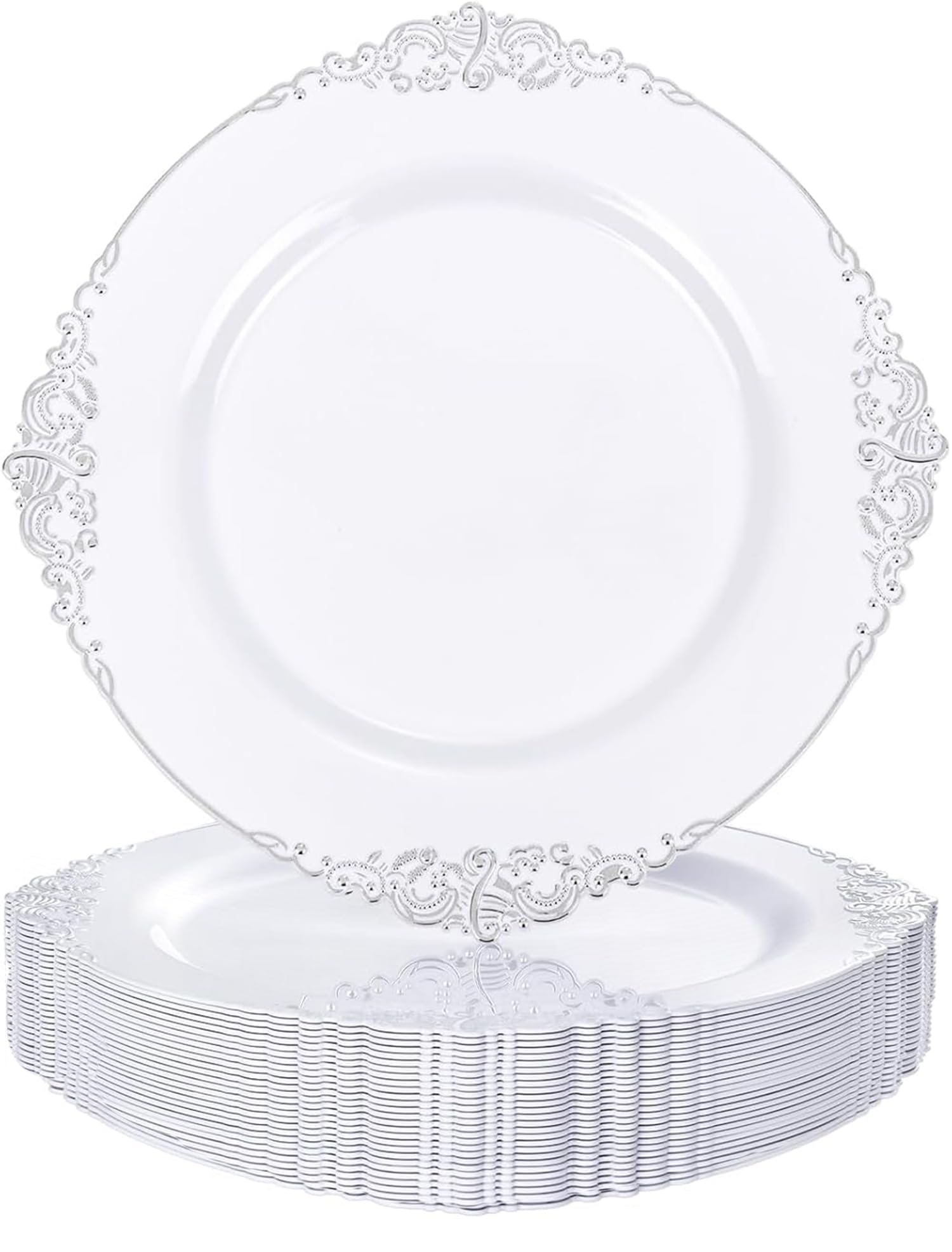 ZTDIXF 25 Pack 10.5 Inch Silver Rim Plastic Plates, Heavy Duty Disposable White Dessert & Salad Plates, Elegant Vintage Design Fancy Hard Tableware