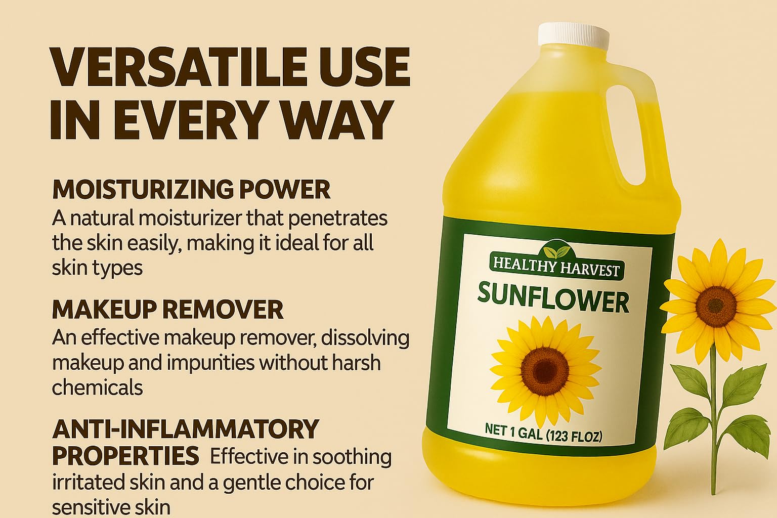 Healthy Harvest Non-GMO Sunflower Oil - Healthy Cooking Oil for Cooking, Baking, Frying & More - Naturally Processed to Retain Natural Antioxidants {One Gallon}