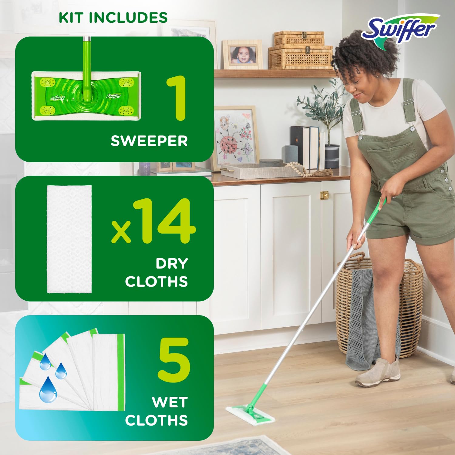 Swiffer Sweeper 2-in-1 Mops for Floor Cleaning, Dry and Wet Multi Surface Floor Cleaner, Sweeping and Mopping Starter Kit, Includes 1 Mop + 19
