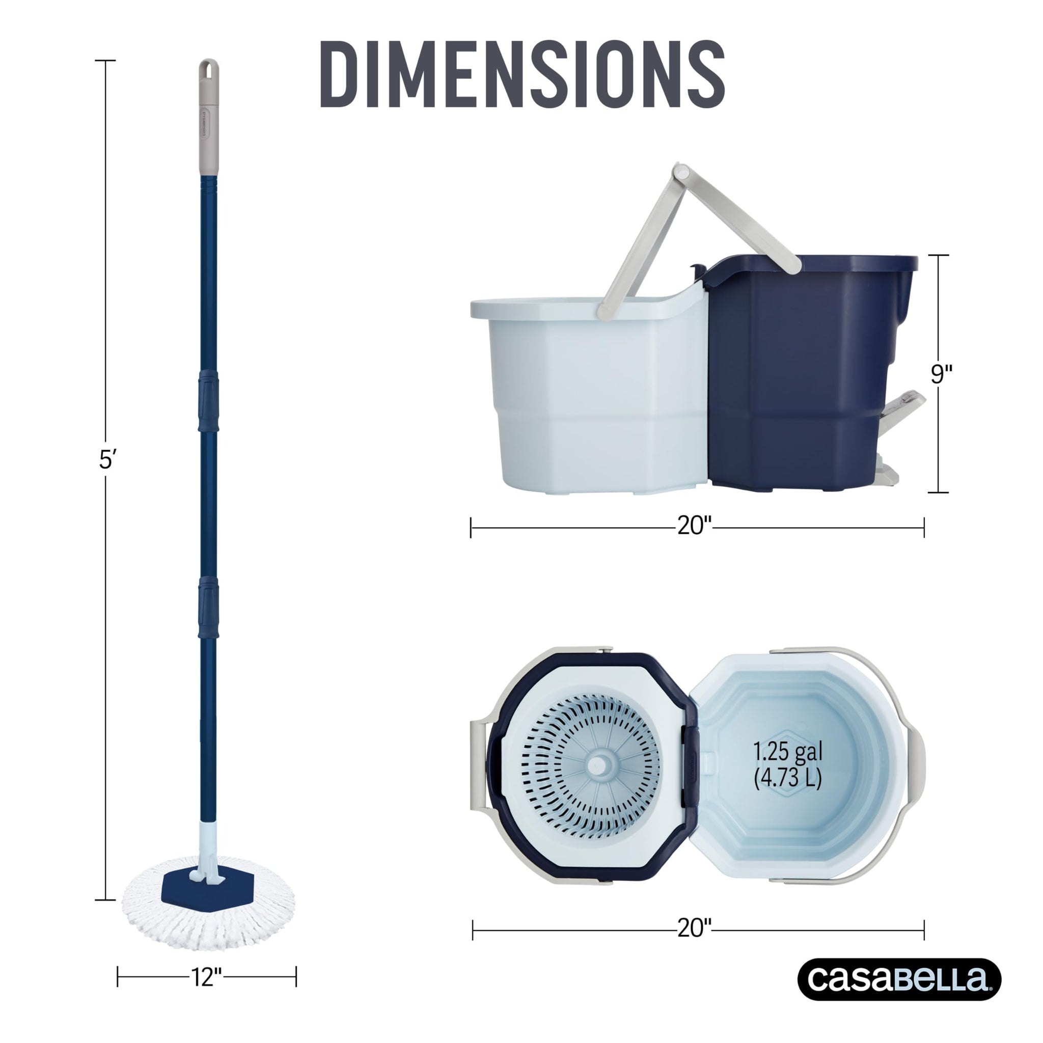 Casabella Clean Water Microfiber Spin Mop with 2-Bucket System, Antibacterial Spin Mop and Mopping Bucket Set, Blue/White