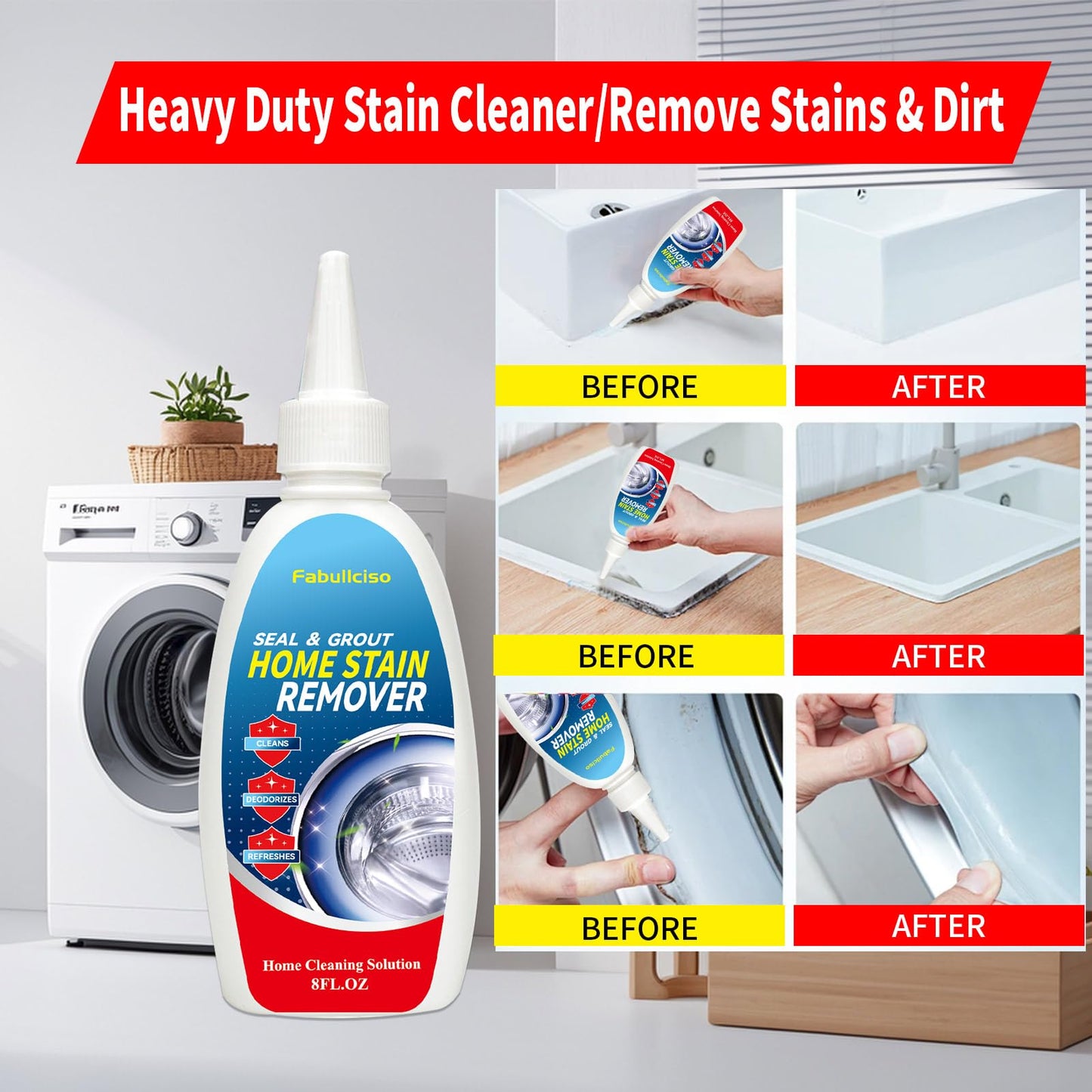 Home Stain Remover Gel - Stubborn Stain Cleaner No Harsh Scrubbing Required, Front Loader Washing Machine Seal Washing Machine Seals, Sinks & Tiles |
