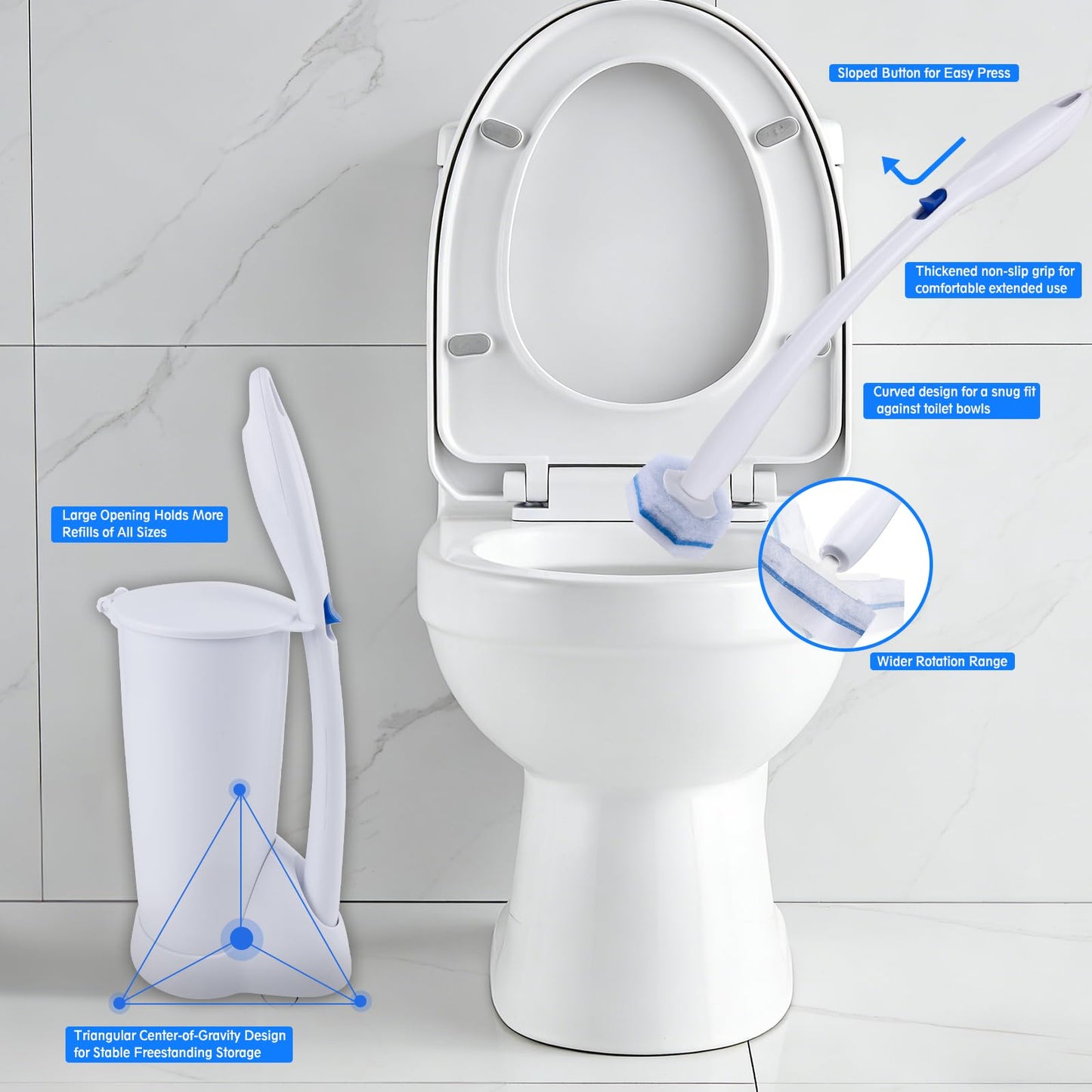 LufamlyGo Upgraded Disposable Toilet Brush and Holder Set, 50 Toilet Wand Refills with Thickened Cleaning Layer, Won't Fall Apart, Large Opening