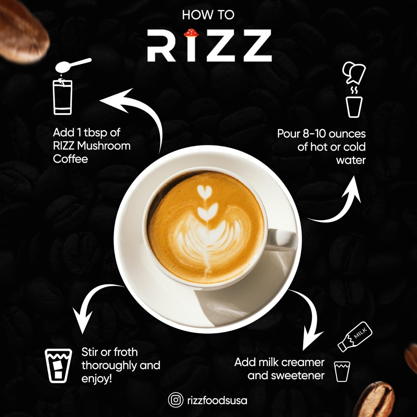 Rizz Mushroom Coffee, 6 Adaptogenic Mushrooms and MCT Oil, Instant Coffee for Better Energy