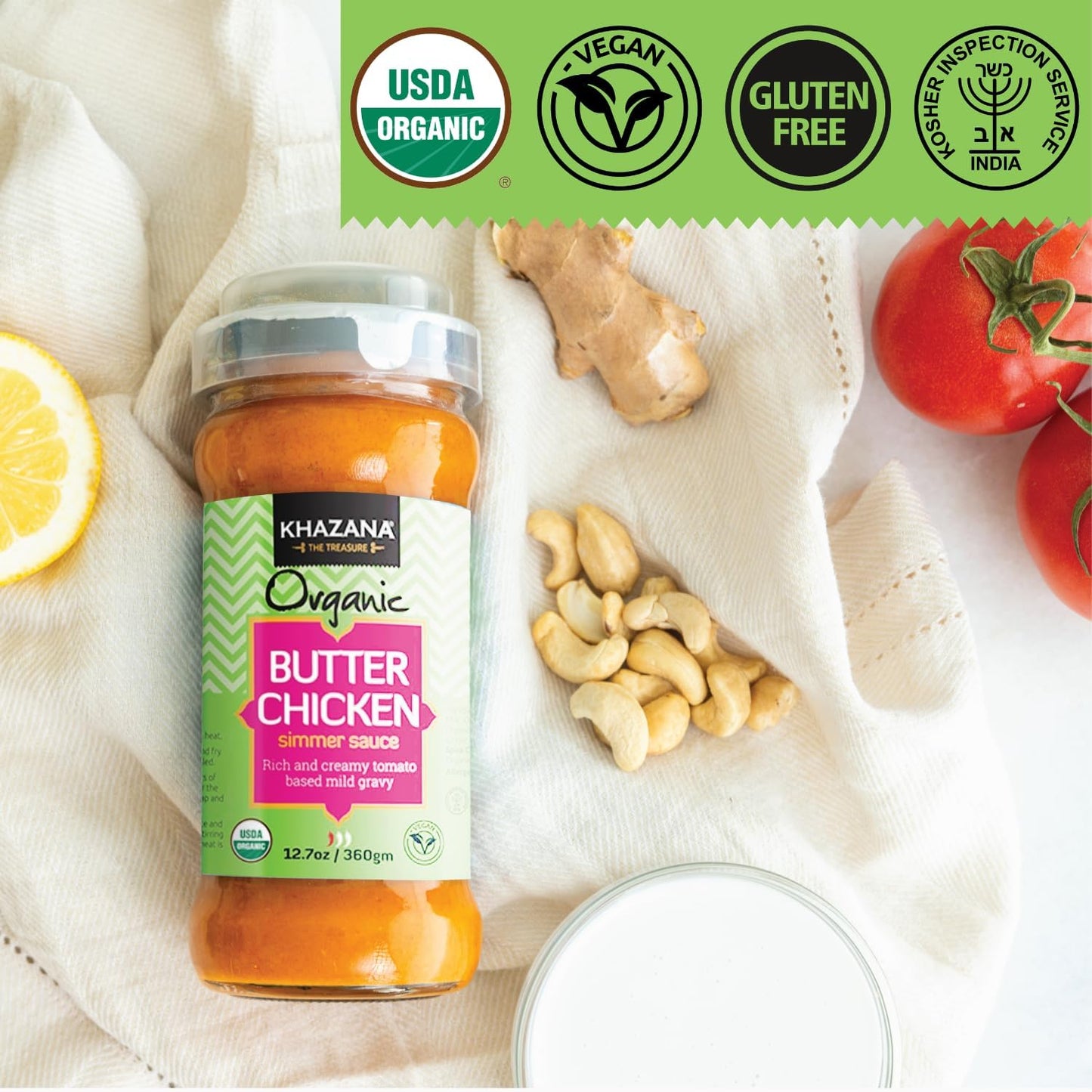 Khazana ORGANIC Butter Chicken Simmer Sauce - 6 x 12.7oz Jars | Non-GMO, Vegan, Gluten-Free, Kosher | Authentic Indian Meals Made Easy at Home!
