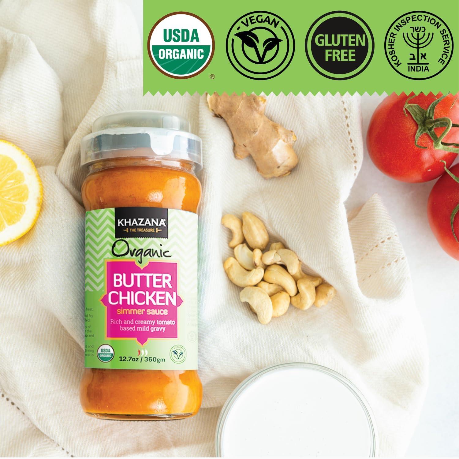 Khazana ORGANIC Butter Chicken Simmer Sauce - 6 x 12.7oz Jars | Non-GMO, Vegan, Gluten-Free, Kosher | Authentic Indian Meals Made Easy at Home!
