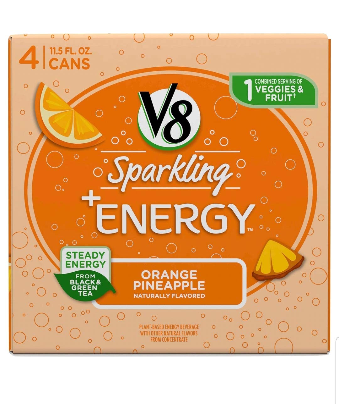 V8 +Energy Sparkling Healthy Energy Drink, Natural Energy from Tea, Orange Pineapple, 8.4 Oz Can, 4 Count