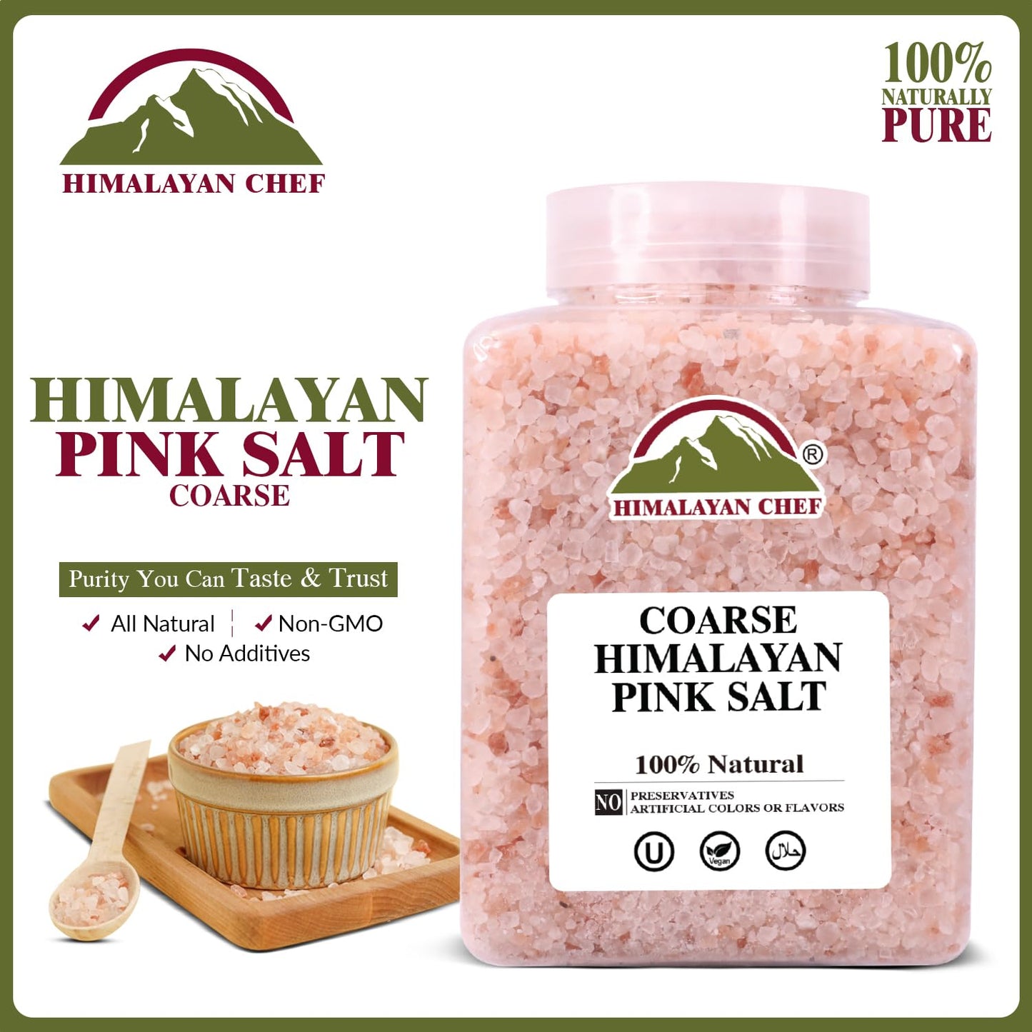 Himalayan Chef Pink Salt Coarse Grain, Plastic Jar 5 Lbs, Food Graded with Rich 84 Minerals, Pure 100% Natural Gourmet Pink Salt - Kosher Certified
