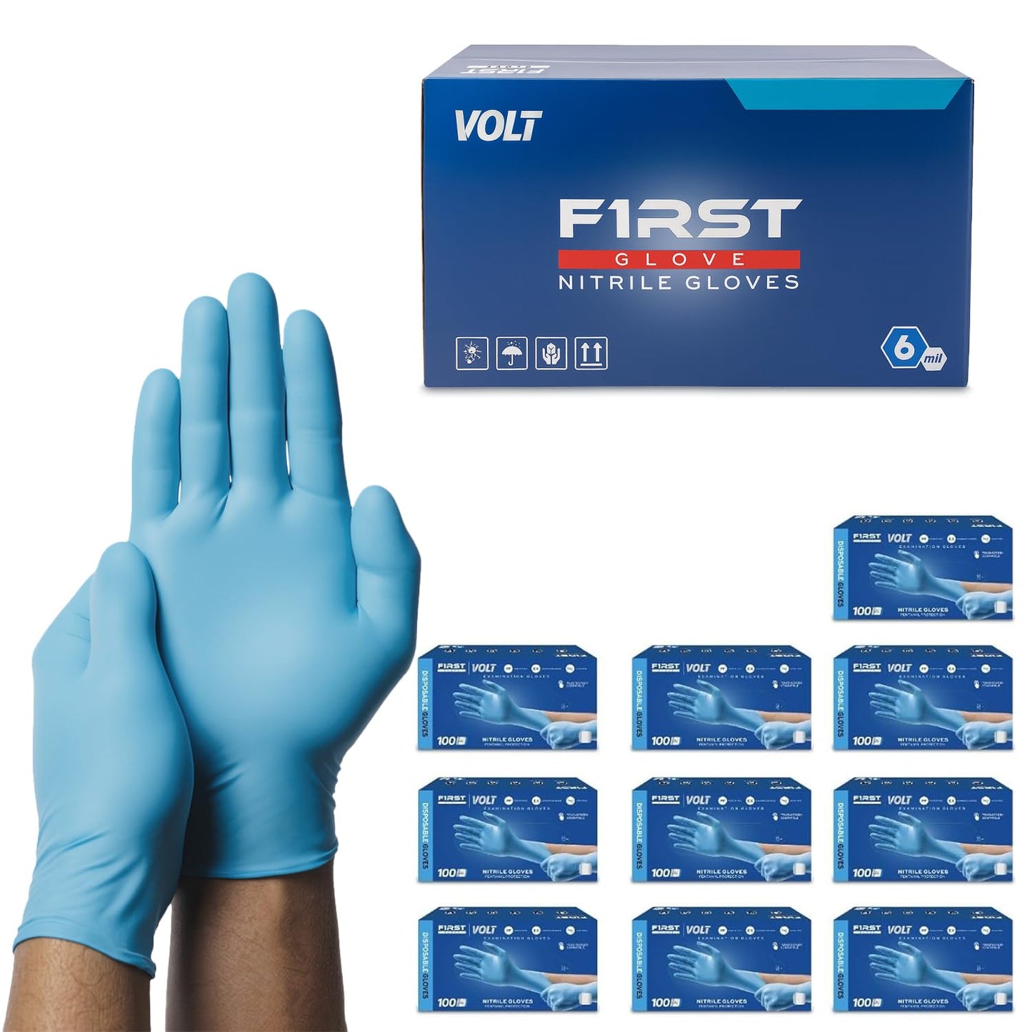 FIRST GLOVE Volt 6 Mil Blue Nitrile Disposable Gloves - 100 Count Small - Food Safe Medical Exam Grade Gloves for Cooking & Cleaning - Latex Free