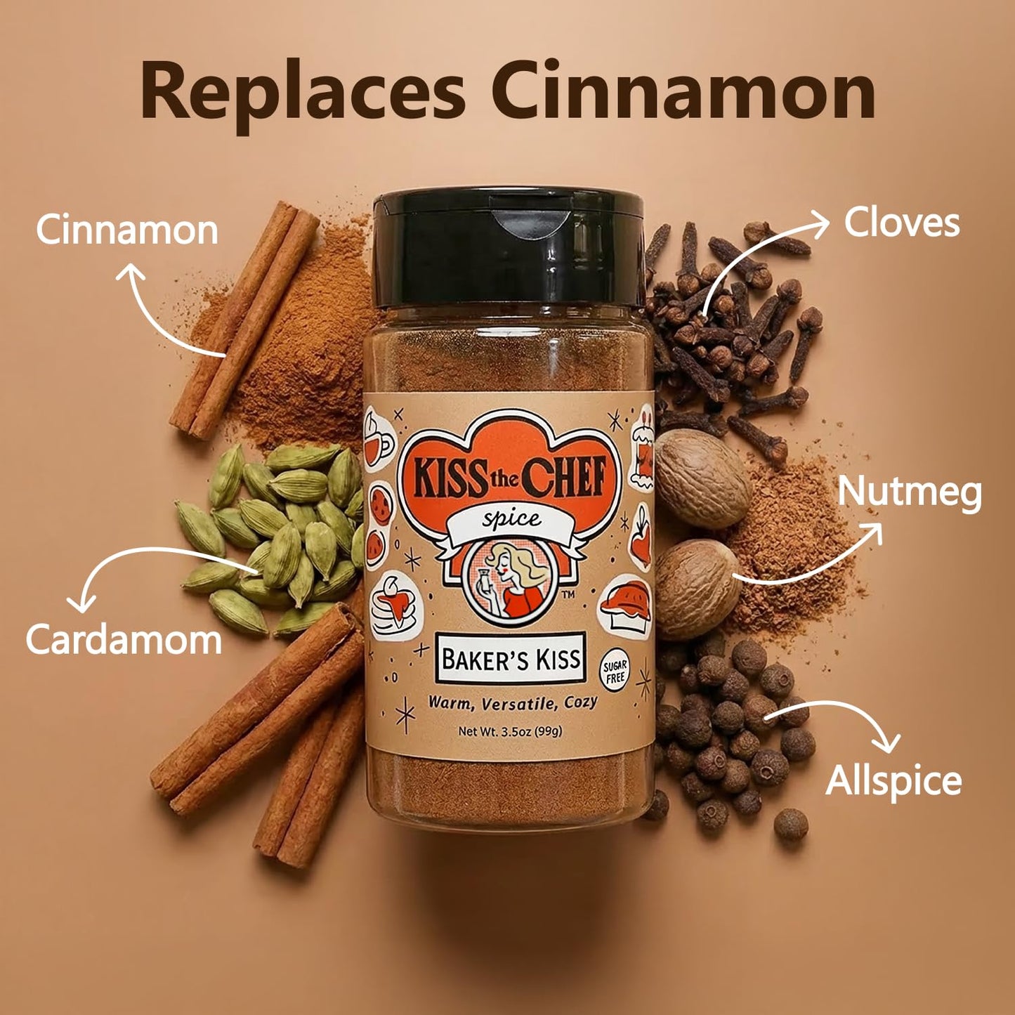 Kiss the Chef Baker's Kiss Cinnamon Cardamom Spice Blend 3.5 oz - Warm Spice for Baking, Iced Coffee, Apple Pie, Cocktails & Ice Cream - All-Season