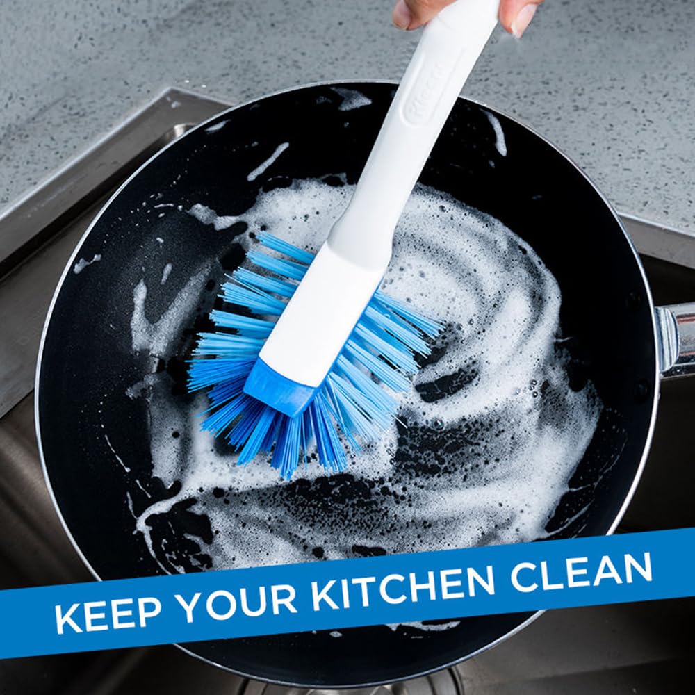 2 Pack Long Handle Kitchen Cleaning Brush with Built-in Scraper, Hard Bristle Dish Scrubber for Pots, Pans, Non-Stick Cookware, Sinks, Countertops