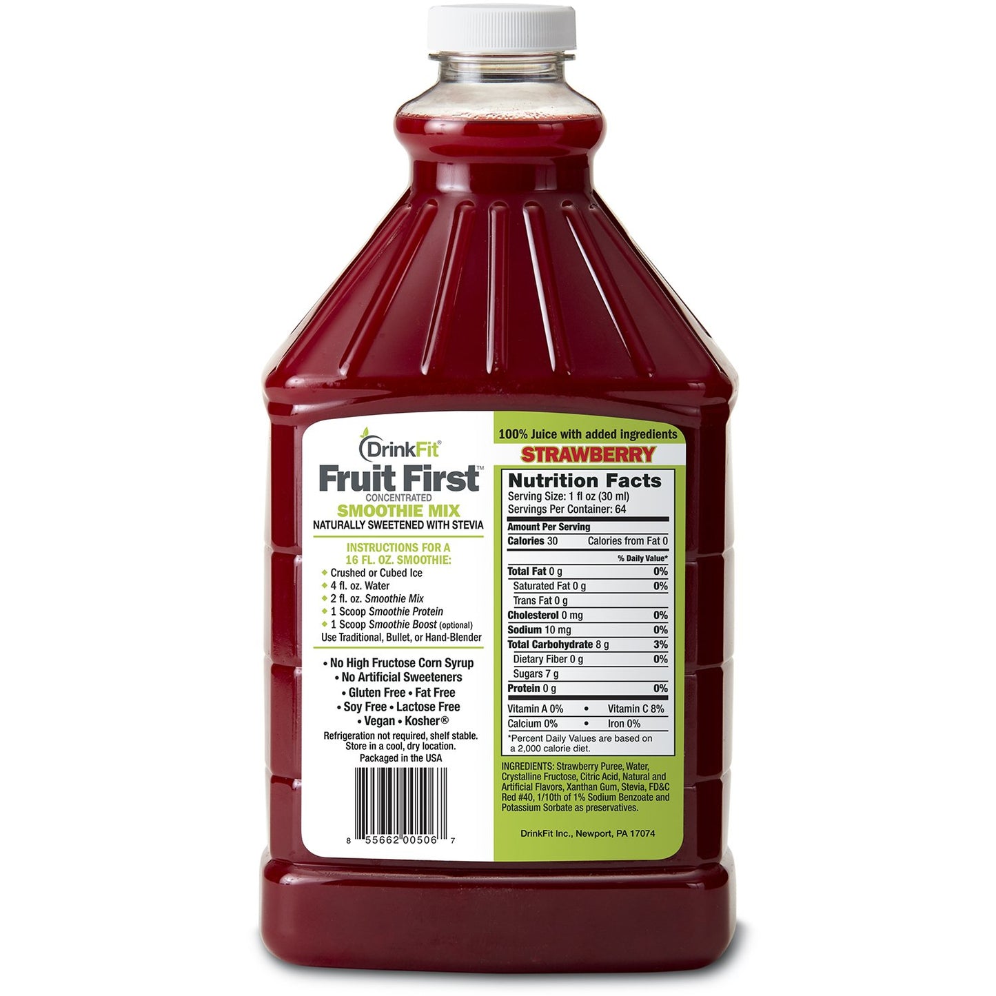 DrinkFit Fruit Smoothie | Real Fruit Puree, Low Sugar, Gluten-Free & Non-GMO, Strawberry Smoothie Mix - Makes 32 Smoothies, 64 Fl Oz