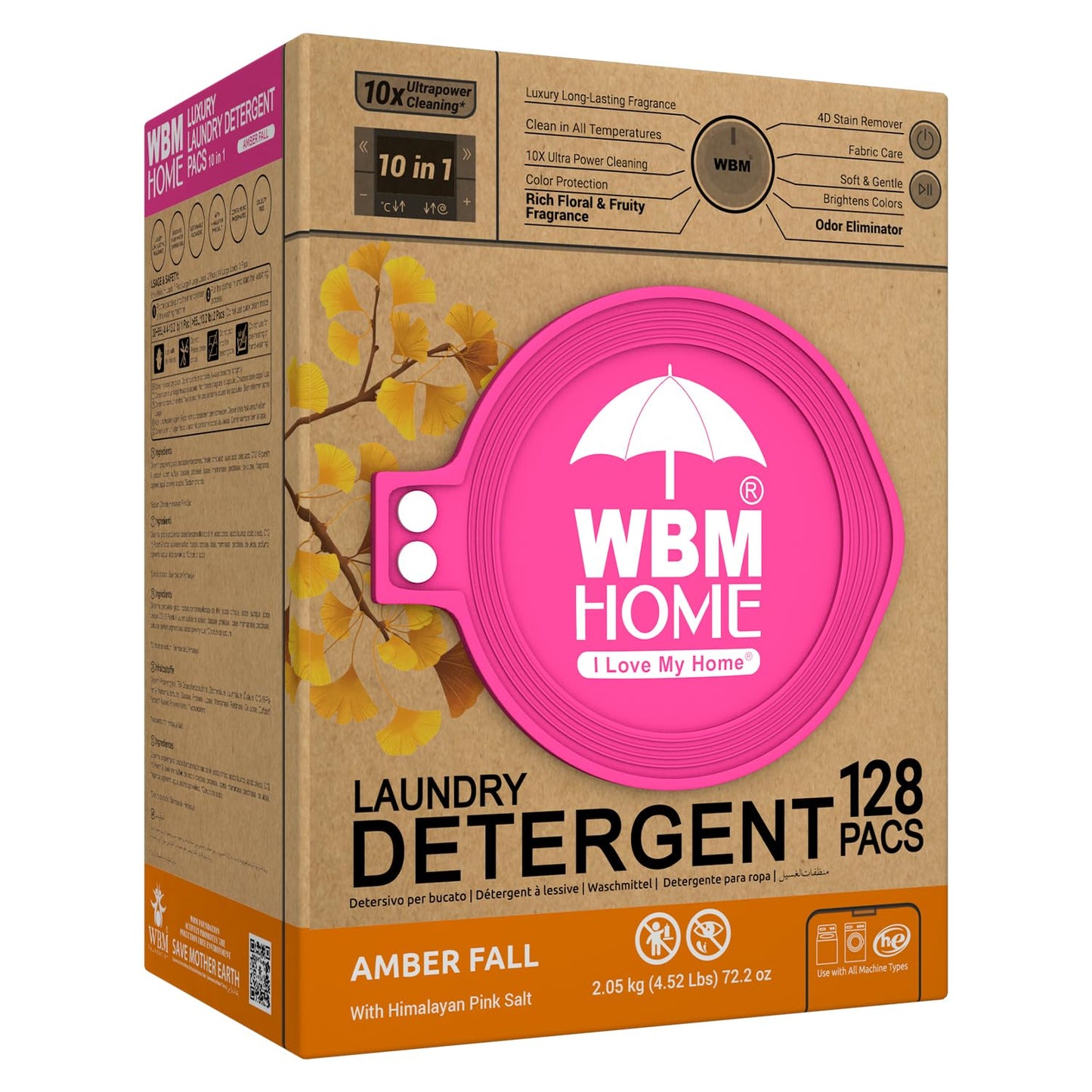 WBM Home Laundry Detergent Pods, Total 128 Count | Amber Fall Fragrance | 10 in 1 Laundry pods Detergent Ultra Power Cleaning with Plant-Based Scent