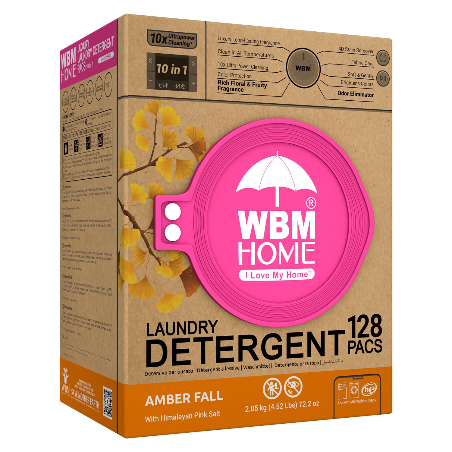 WBM Home Laundry Detergent Pods, Total 128 Count | Amber Fall Fragrance | 10 in 1 Laundry pods Detergent Ultra Power Cleaning with Plant-Based Scent