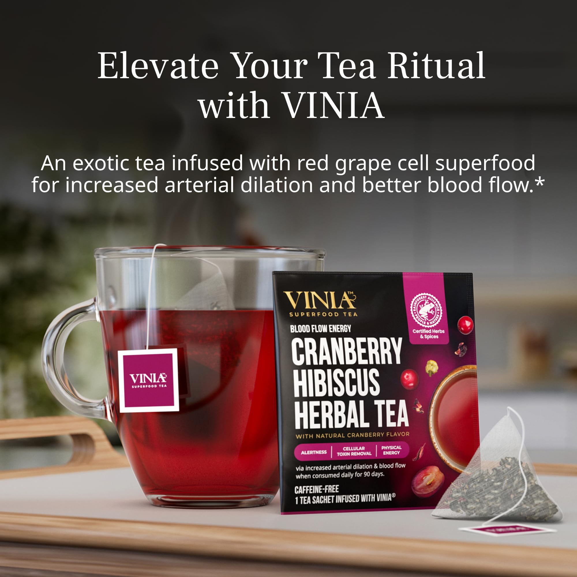 VINIA Cranberry Hibiscus Herbal Tea Bags, Made with Organic Herbal Tea, Infused with Piceid Resveratrol for Heart Health, Nitric Oxide, Physical