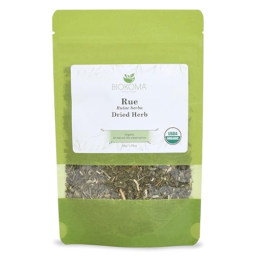 Biokoma Organic Rue Dried Herb 50g Premium Loose Leaf Ruta Graveolens USDA Organic Herbal Tea Aromatic Sachets Spiritual Use Resealable Moisture Proof