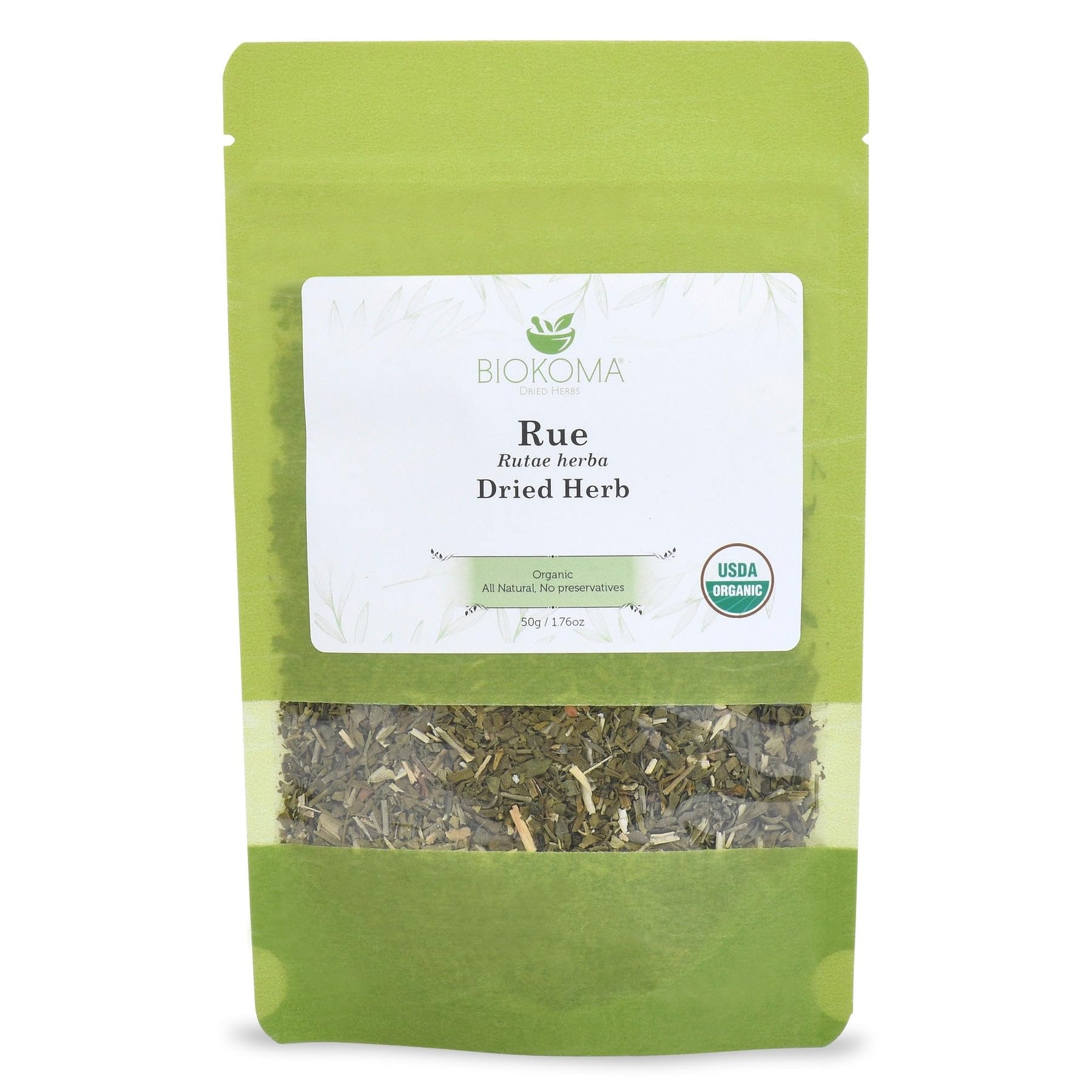 Biokoma Organic Rue Dried Herb 50g Premium Loose Leaf Ruta Graveolens USDA Organic Herbal Tea Aromatic Sachets Spiritual Use Resealable Moisture Proof