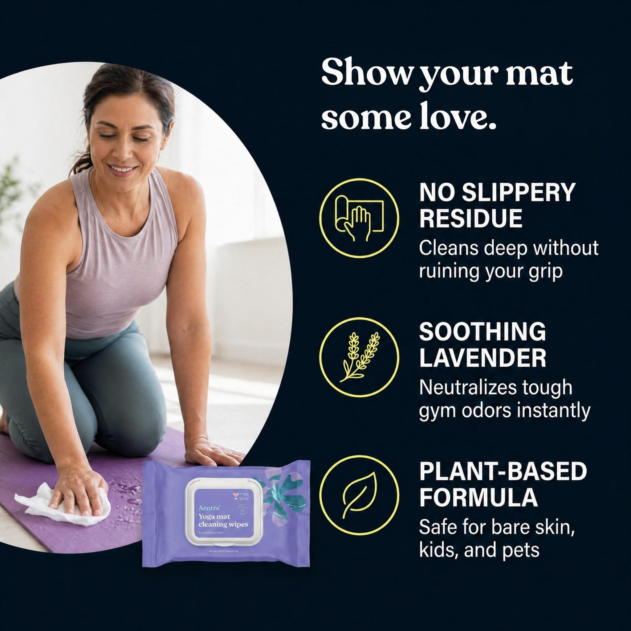 ASUTRA Yoga Mat Cleaning Wipes (Lovely Lavender), 2 Pouches (30 Wipes Each) - No Slippery Residue, Deep-Cleansing for Fitness Gear & Gym Equipment