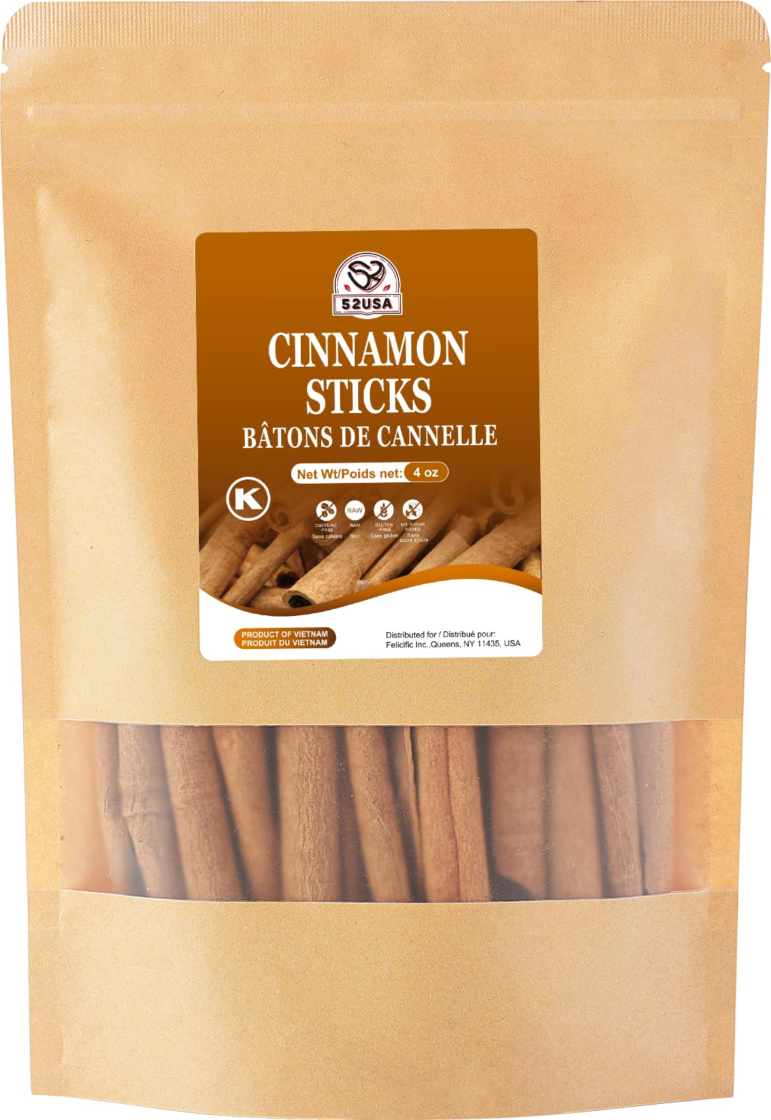 52USA Cinnamon Sticks, Cinnamon 4 oz (113g), Whole Cinnamon Sticks, 100% Raw, Kosher Certified, Gluten Free, Pure & Fresh Cinnamon, Perfect for
