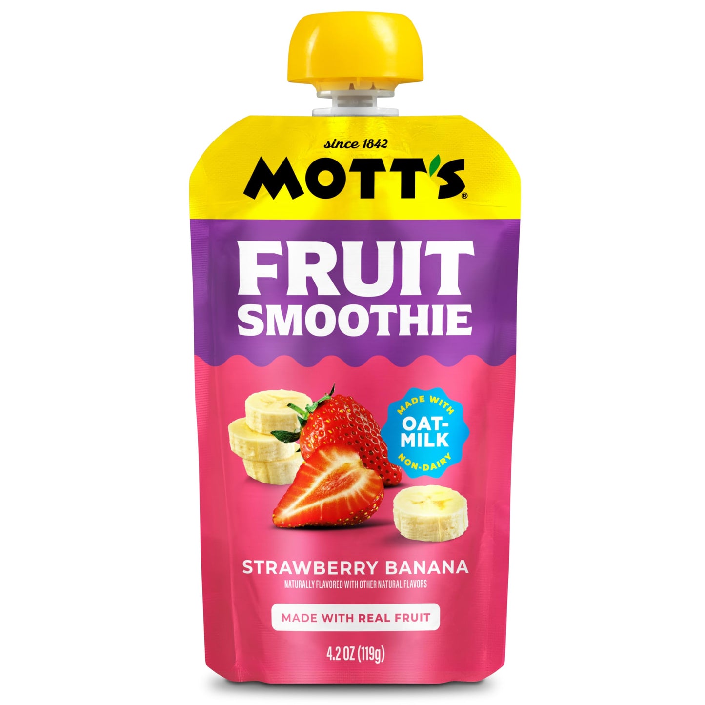 Mott’s Fruit Smoothies Strawberry Banana, 4.2 oz clear pouches, 8 Pack, Non-dairy, Made With Oatmilk, Made With Real Fruit, Good Source of Calcium