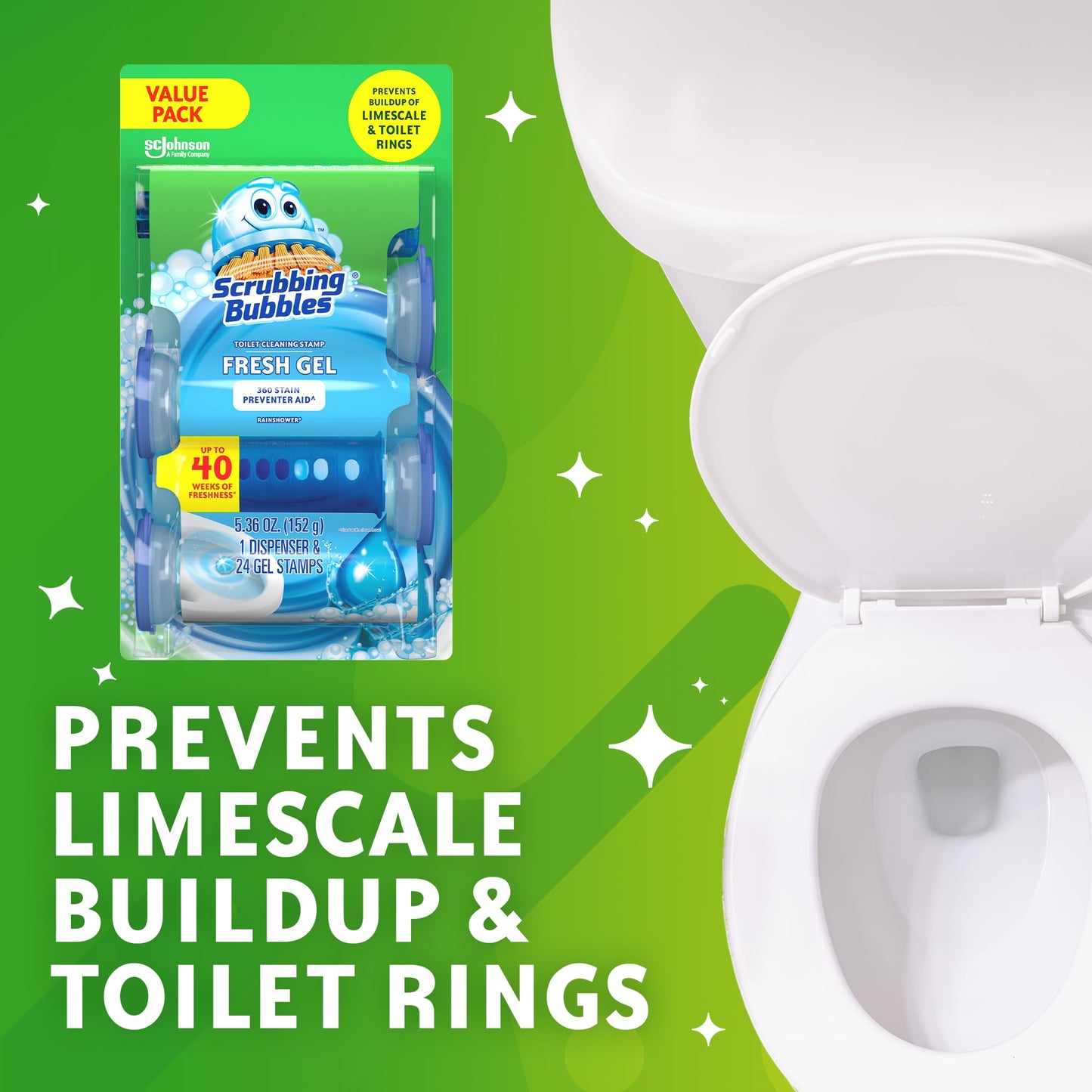 Scrubbing Bubbles Fresh Gel Toilet Bowl Cleaning Stamps, Helps Keep Toilet Clean and Helps Prevent Limescale & Rings, Rainshower Scent, 1 Dispenser