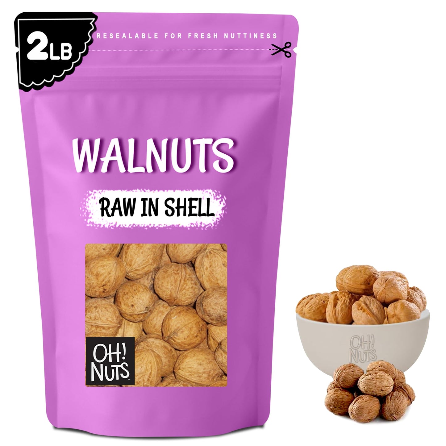 Oh! Nuts Walnuts in Shell - Raw - 100% Natural - 2 lb - Whole Walnuts for a Healthy Vegan Snack - Packed in New York Zip-Seal Bag for Exceptional