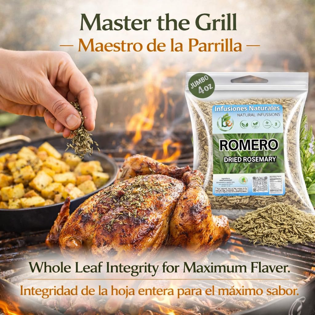 Romero - Dried Rosemary Leaves - 4 oz (113g) - Premium Whole Herbs for Cooking & Tea - All-Natural, Non-GMO, Gluten-Free - Hoja de Romero Deshidratada