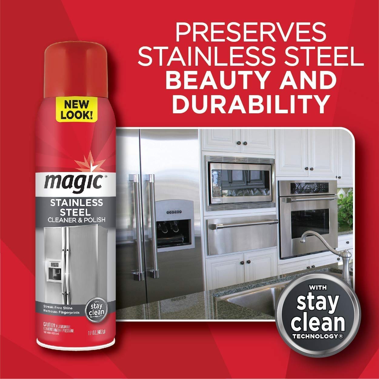 Magic Stainless Steel Cleaner Aerosol - 17 Ounce (2 Pack)- Removes Fingerprints Residue Water Marks and Grease from Appliances - Refrigerator
