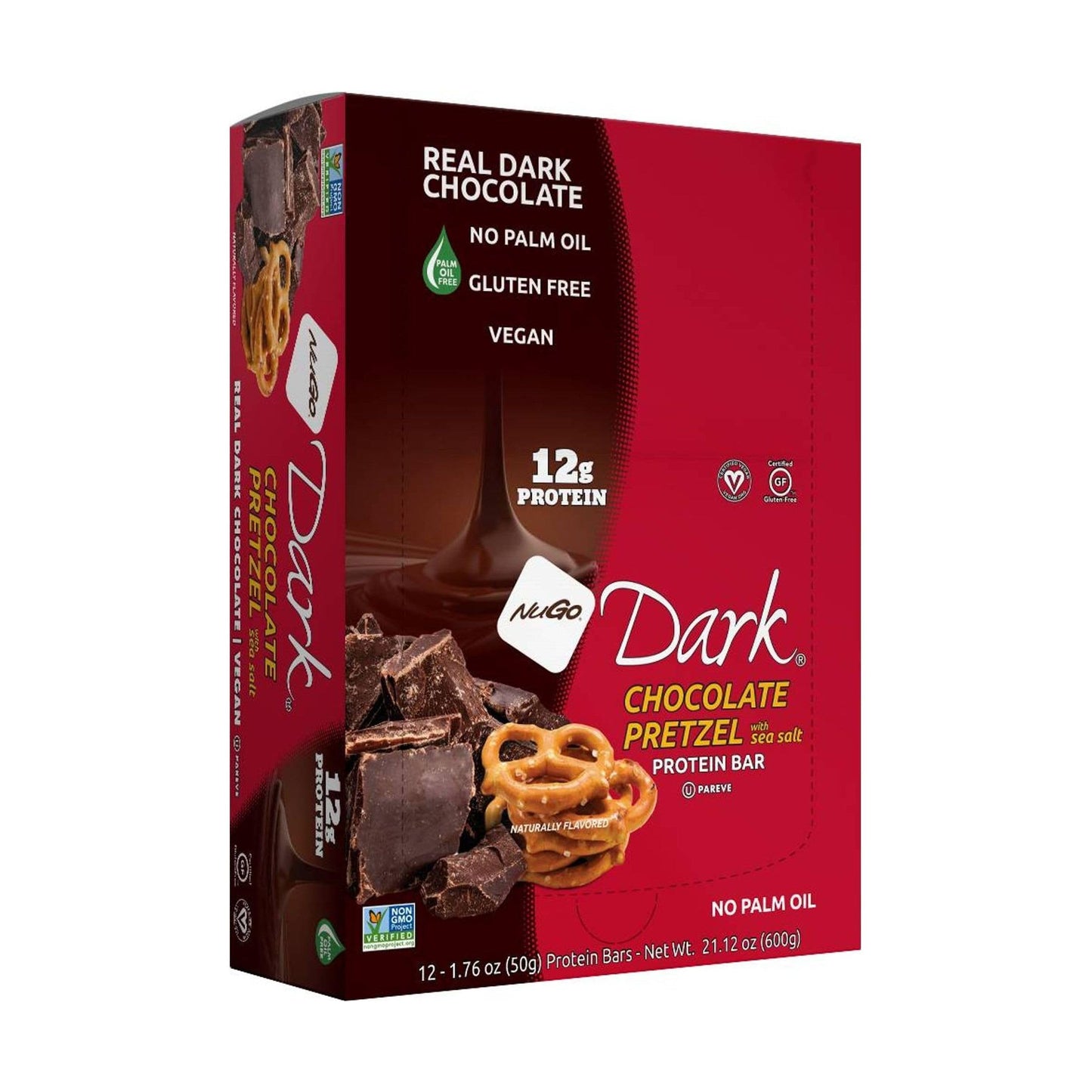 NuGo Dark Chocolate Pretzel w/Sea Salt, 12g Protein Bar, Vegan, Gluten Free, Non-GMO, Kosher Pareve, 12 Count