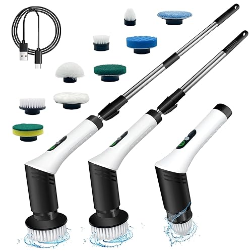 Spin Scrubber,9-In-1Multifunctional Cleaning Brush with Detachable Handle,9 Replaceable Brush Heads&LCD Display,Rechargeable Electric Spin Scrubber