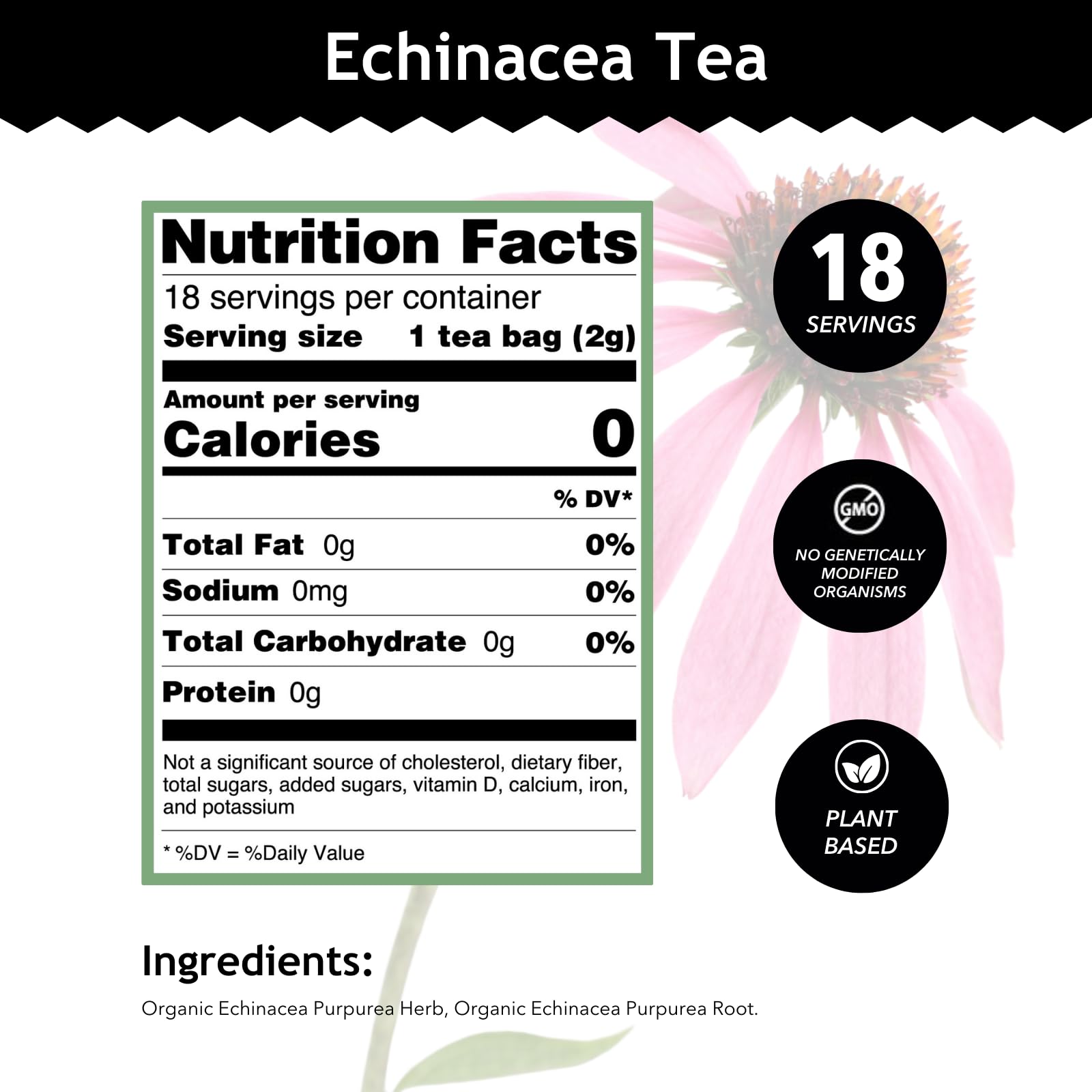 Buddha Teas - Organic Echinacea Tea - Herbal Tea - Immune Boosting - With Antioxidants & Minerals - Clean Ingredients - Caffeine Free - 18 Tea Bags
