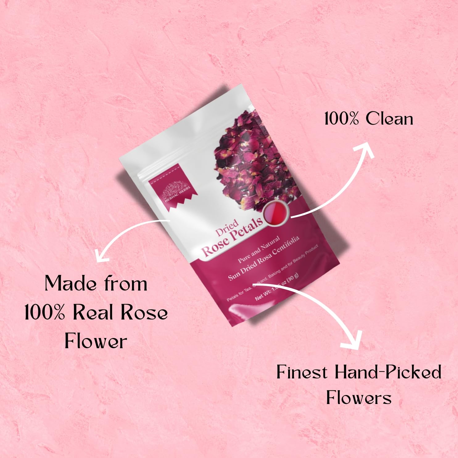 Dried Rose Petals 30g by Hebhac Herbs Red Rose Flower Petals for Tea, Gulkand, Cooking, Baking and for Beauty Product Grown in India (1.05 oz)