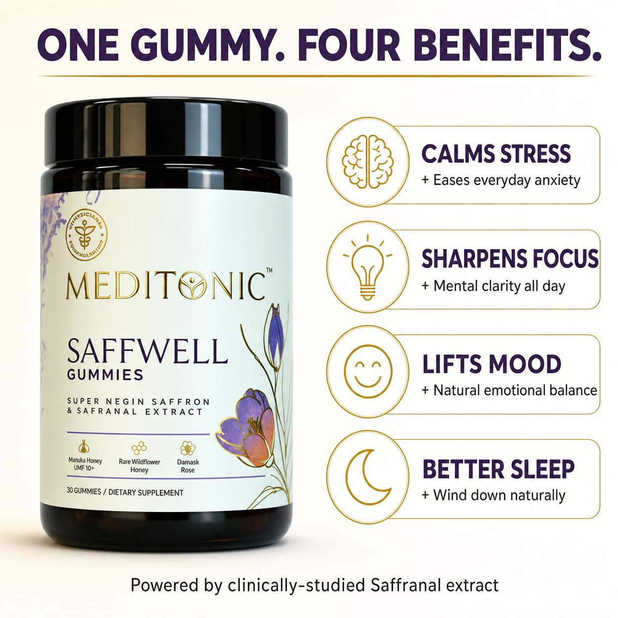 Meditonic® Saffron Gummies | No Added Sugars, Manuka Honey Sweet, Organic Rose Flavor | 33mg Safranal Extract + 2mg Full Spectrum Saffron | Doctor