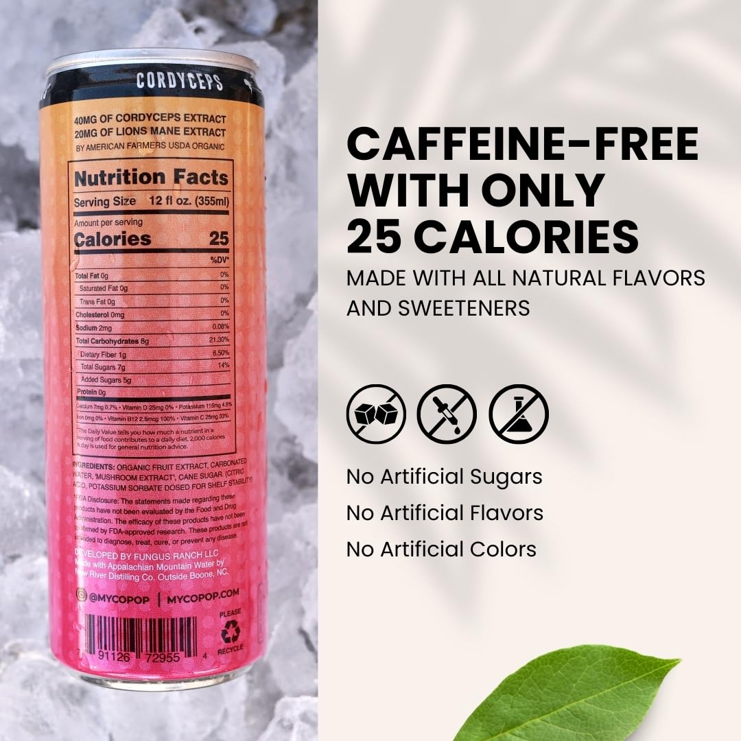 Mycopop Functional Mushroom Energy Drink, Caffeine-Free, 25 Calories, with Lions Mane & Cordyceps, Hibiscus Ginger Lemon Flavor, 12 fl oz