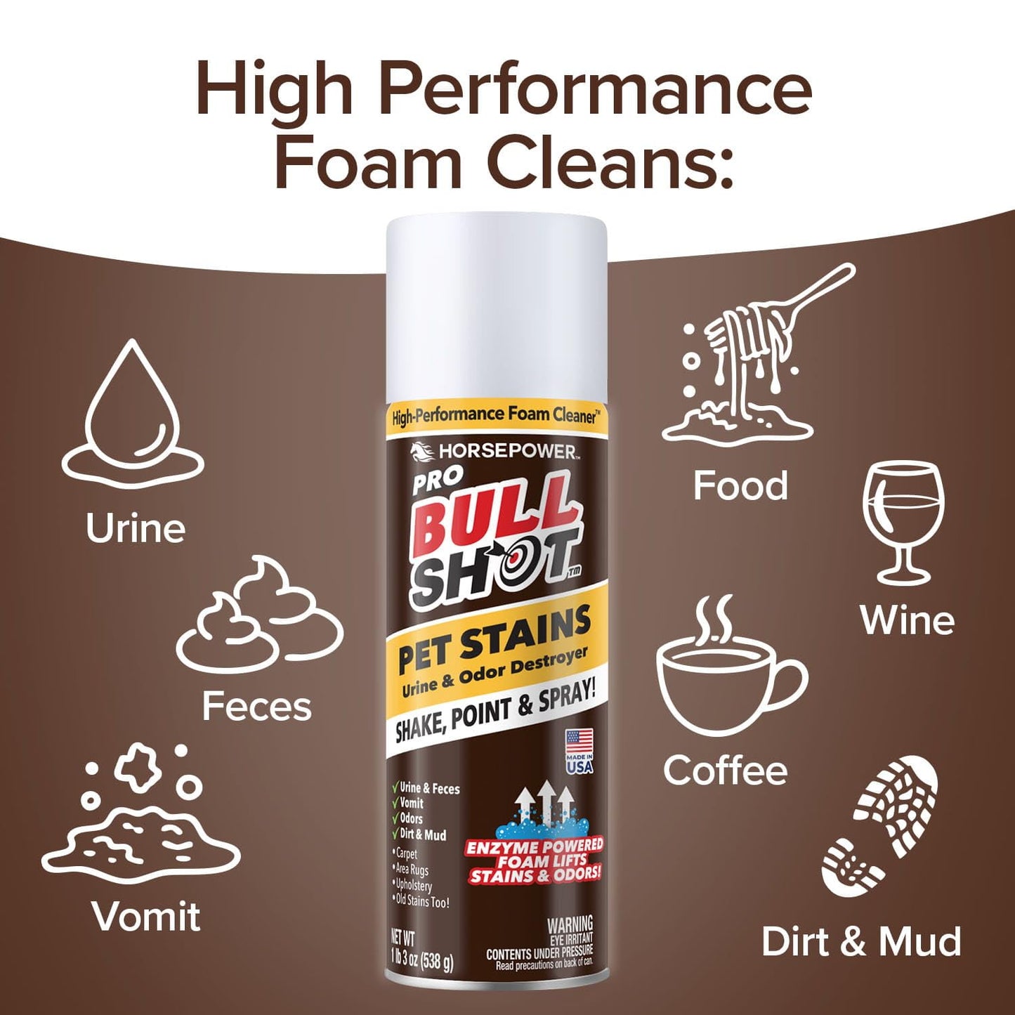 Bull Shot Pet Pro Stain Remover, AS SEEN ON TV, Urine & Odor Emulsifier, Enzyme-Powered Professional Strength Foam for Urine, Feces, Vomit, Odors