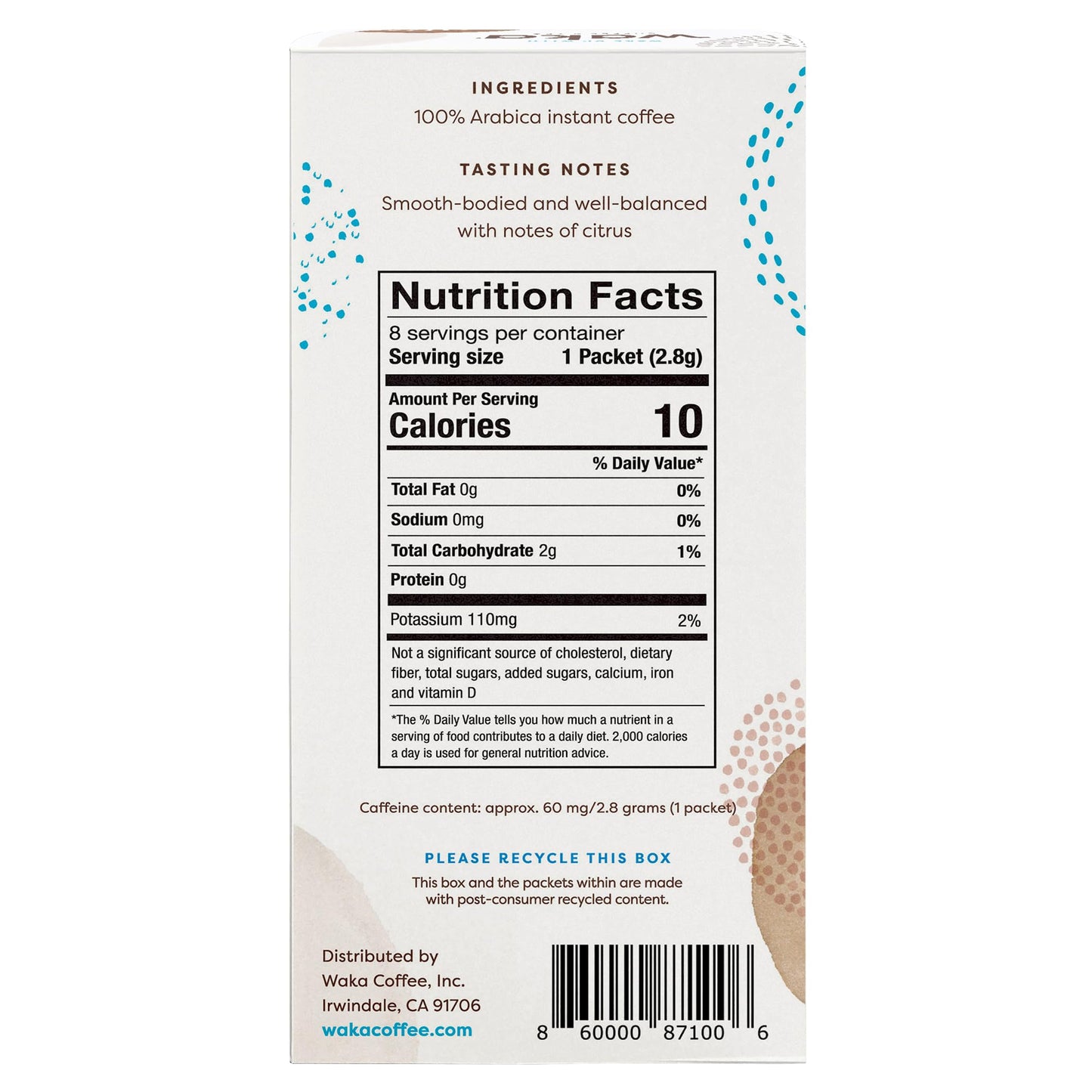 Waka Premium Instant Coffee Sachets - 100% Arabica Freeze Dried Beans - For Hot or Iced Coffee (8 Count, Medium Roast)