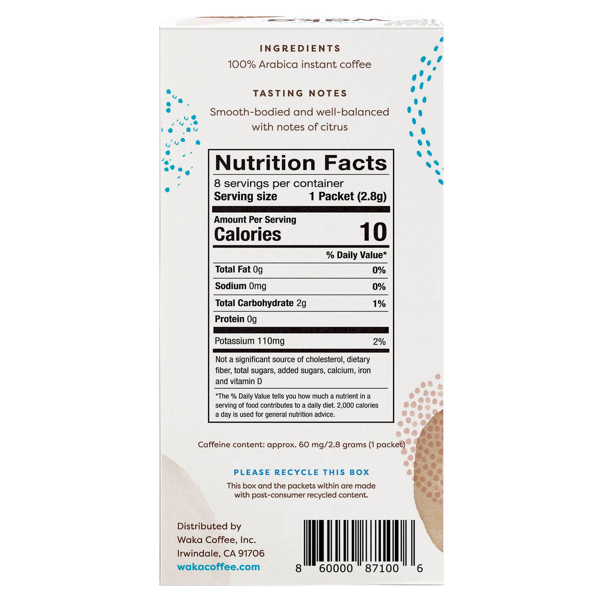 Waka Premium Instant Coffee Sachets - 100% Arabica Freeze Dried Beans - For Hot or Iced Coffee (8 Count, Medium Roast)