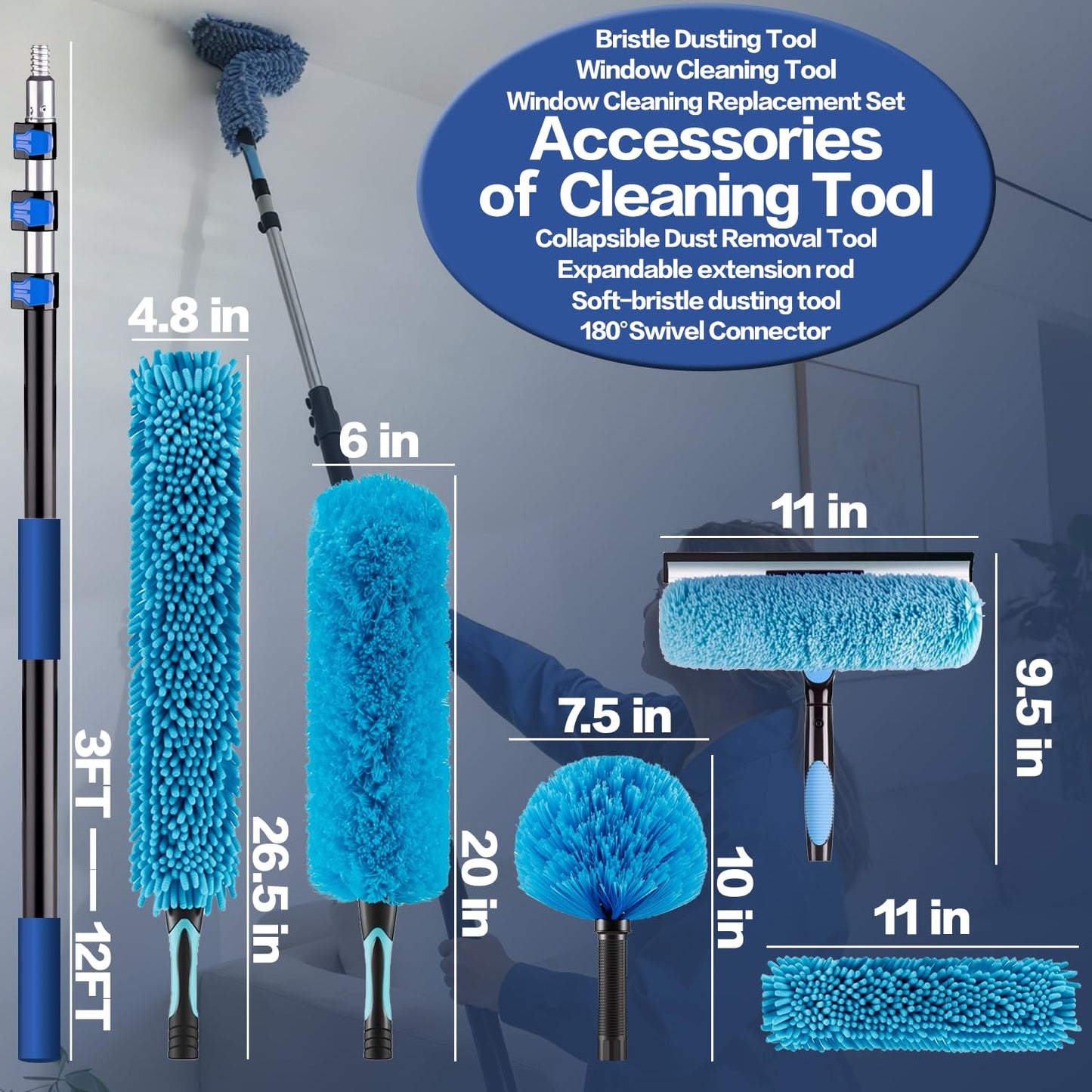 TreVark 20FT High Reach Duster Cleaning Kit with 5-12 FTExtension Pole, High Ceiling Fan Cleaner Duster Tool for Fan Blades, Extendable Reusable
