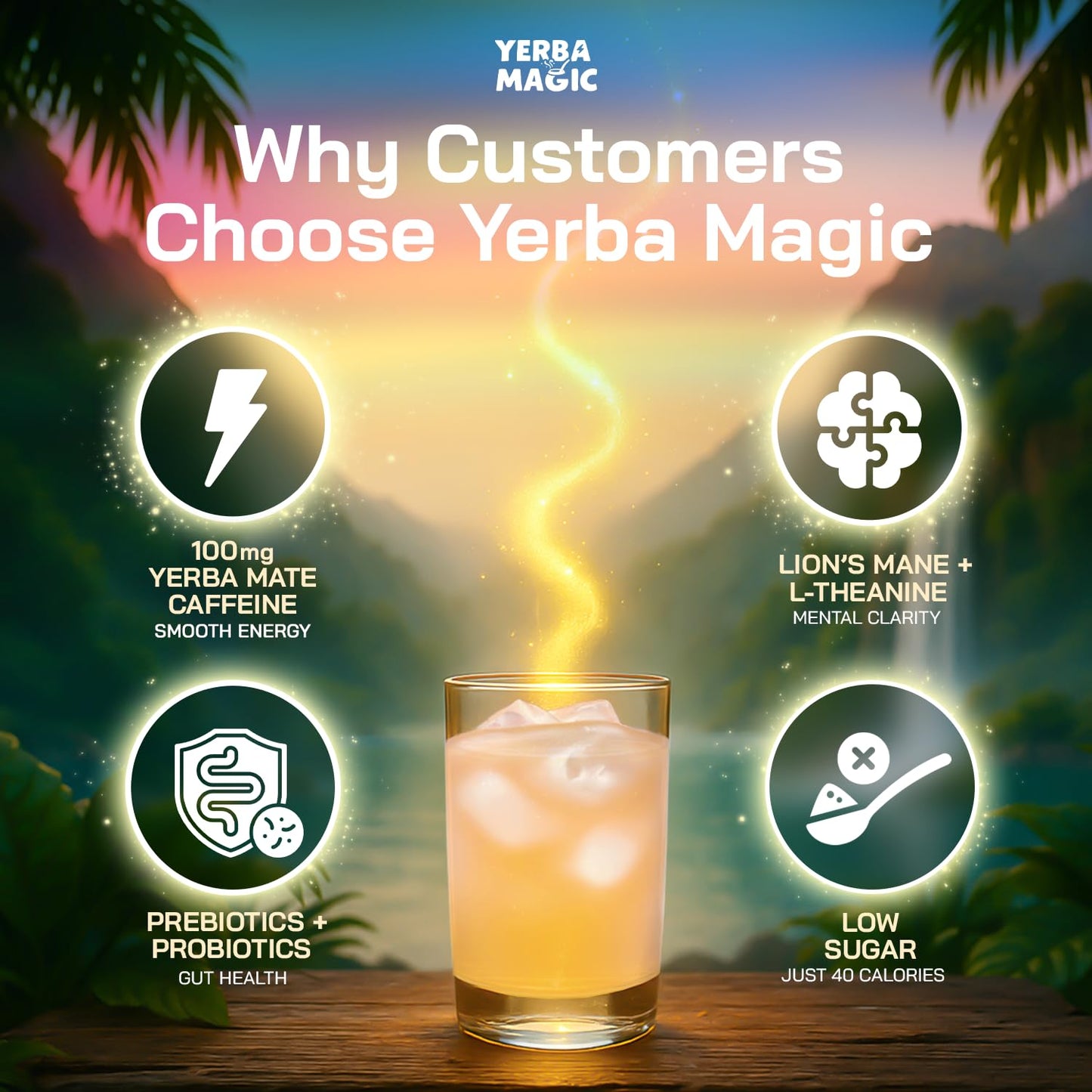 Yerba Magic Instant Yerba Mate Powder Packets - Clean Energy & Focus Drink Mix for Gut Health - Nootropic Blend with Lion’s Mane, L-Theanine